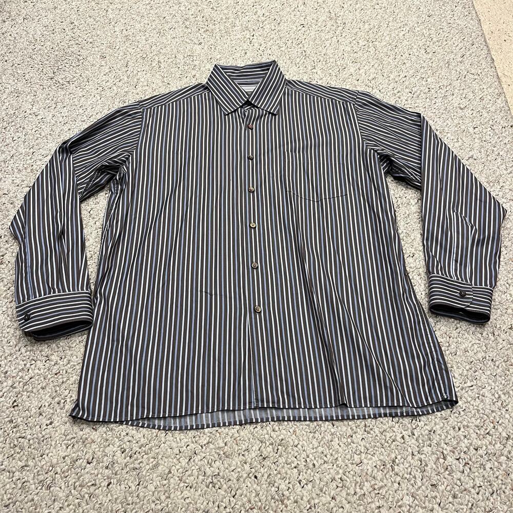 Ermenegildo Zegna Long Sleeve Striped Button Down Shirt XL Brown Blue Classic